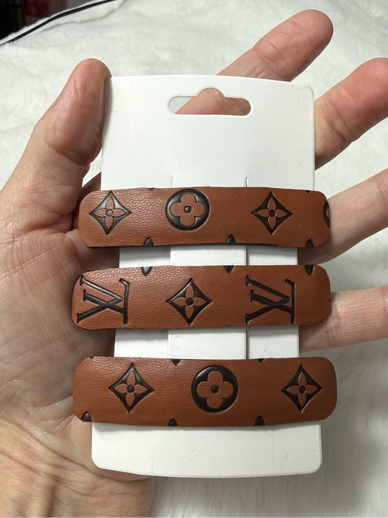 Louis Vuitton upcycled Brown large Leather Hair clips SET OF THREE NEW